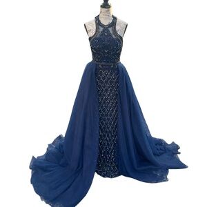 Vienna Prom‎ Navy Beaded, High Neck Gown, Detachable Skirt, Size 8